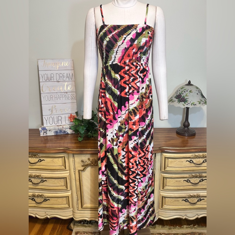 Christina Love Long Sleeveless Smocked Colorful Abstract Summer Maxi Dress